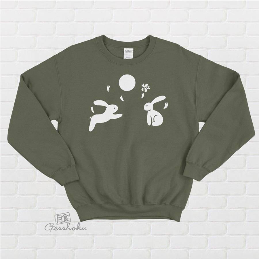 Japanese Moon Bunnies Crewneck Sweatshirt - Olive Green